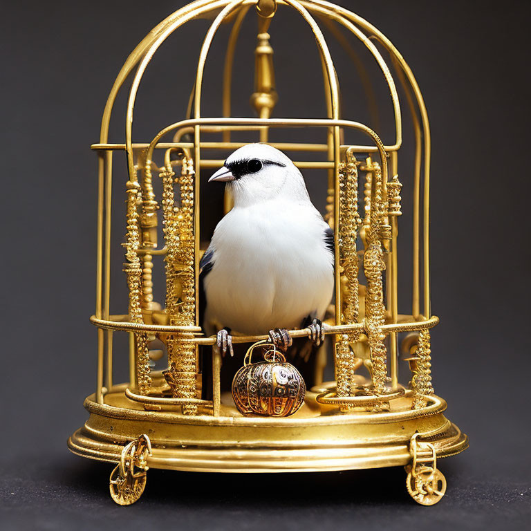 White Bird with Black Markings in Ornate Golden Birdcage on Dark Background