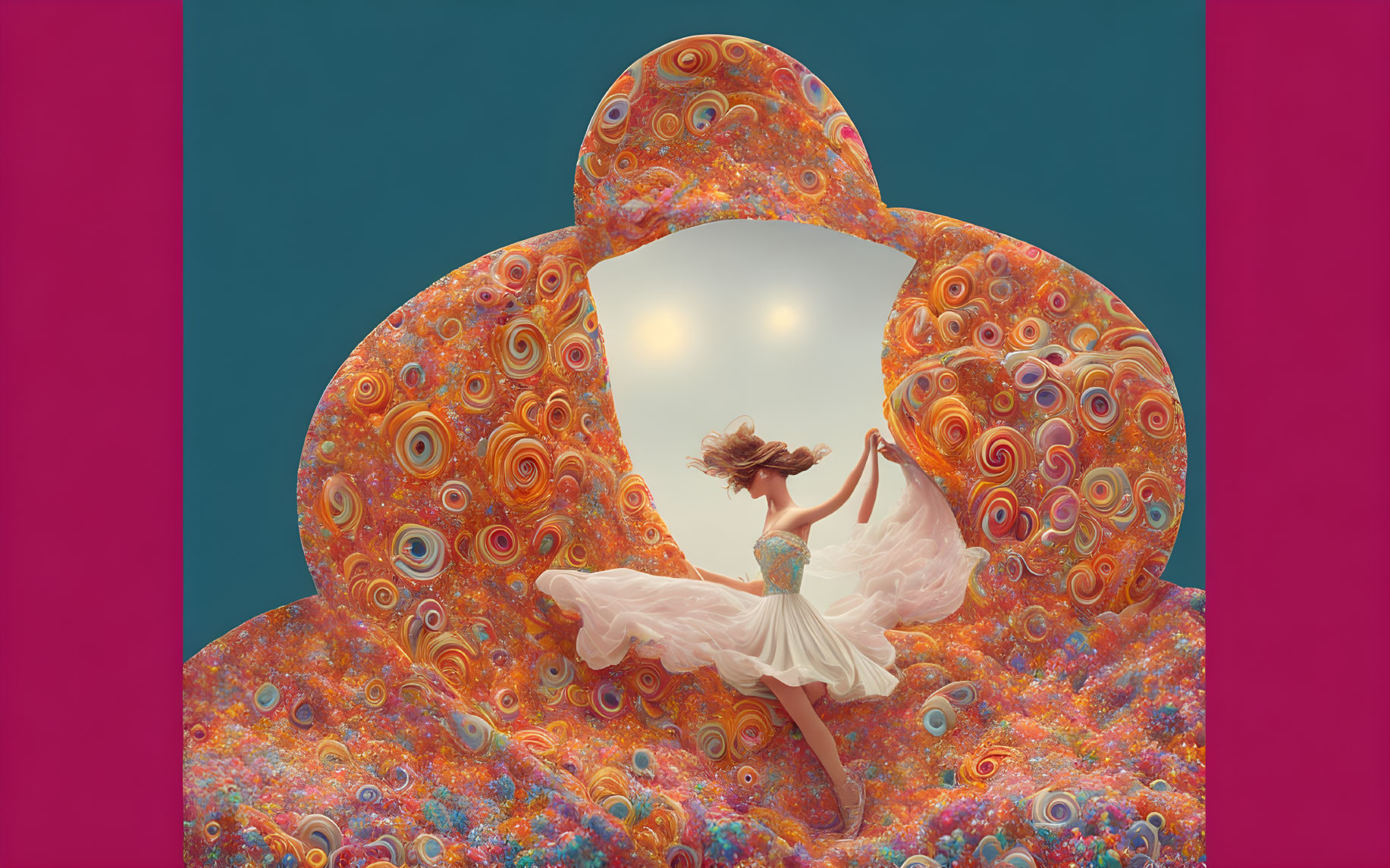 Woman in White Dancing Amidst Colorful Swirling Patterns on Teal Background