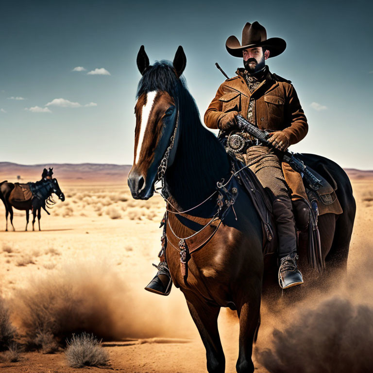 Cowboy in leather outfit rides dark horse in dusty desert.