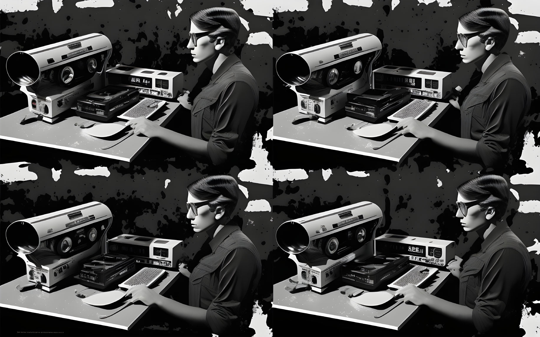 Grayscale collage of woman with headphones and vintage audio equipment