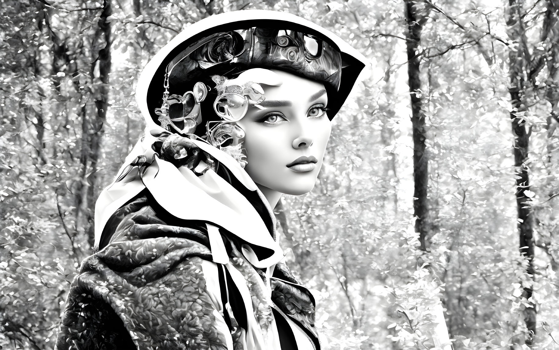 Monochrome image: Woman in futuristic helmet and goggles, textured clothing, forest backdrop