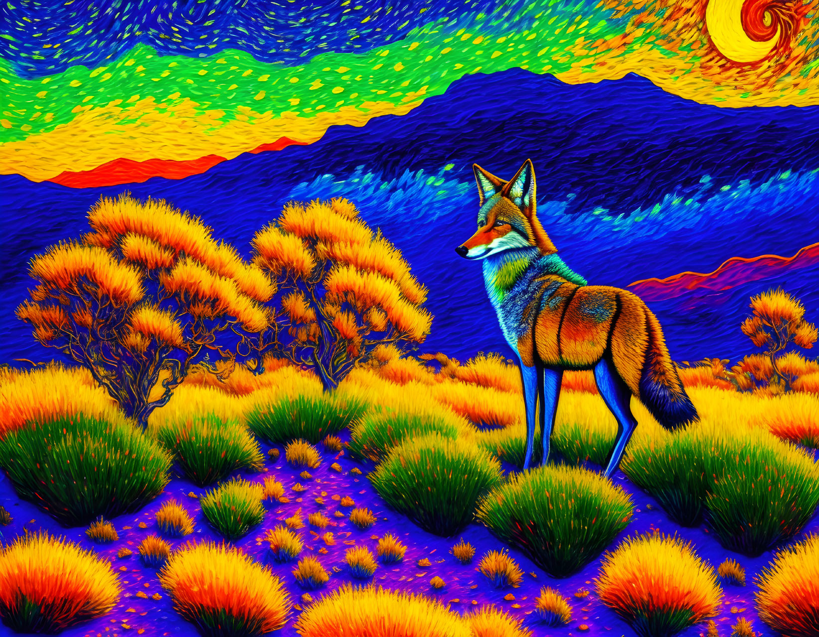 Colorful Fox in Van Gogh-style Psychedelic Landscape