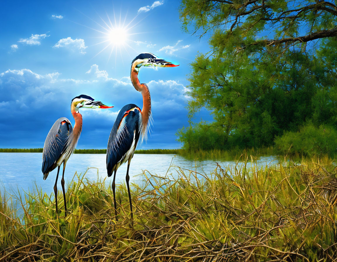 Two herons by water with greenery and bright sun in clear sky