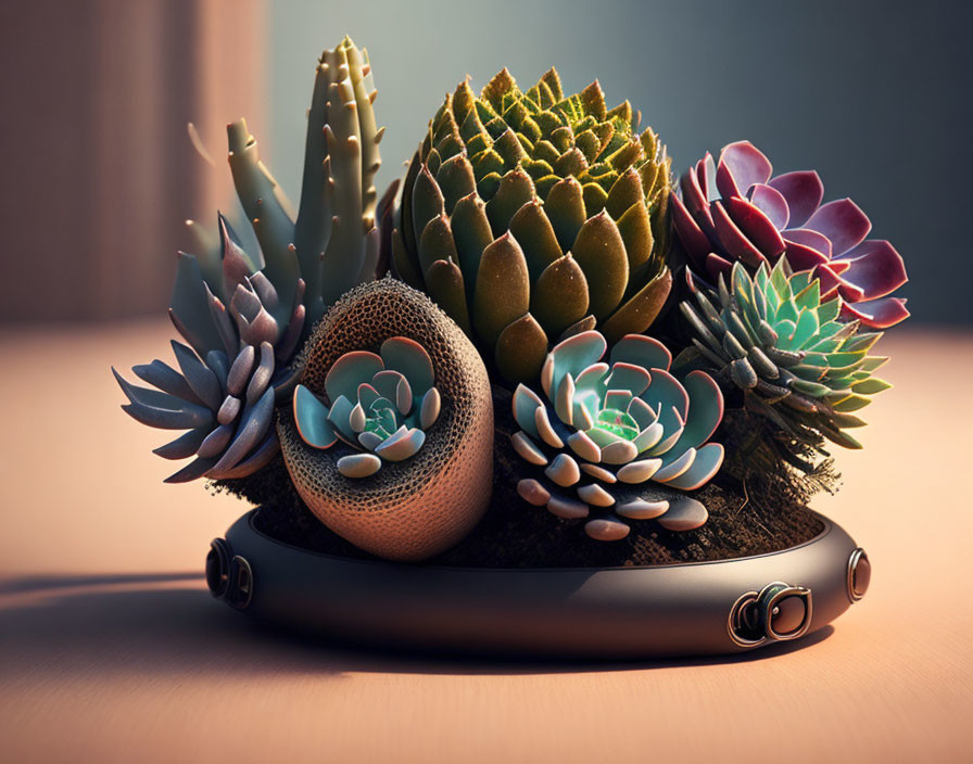 Assorted Succulent Plants in Black Oval Planter on Wood Surface