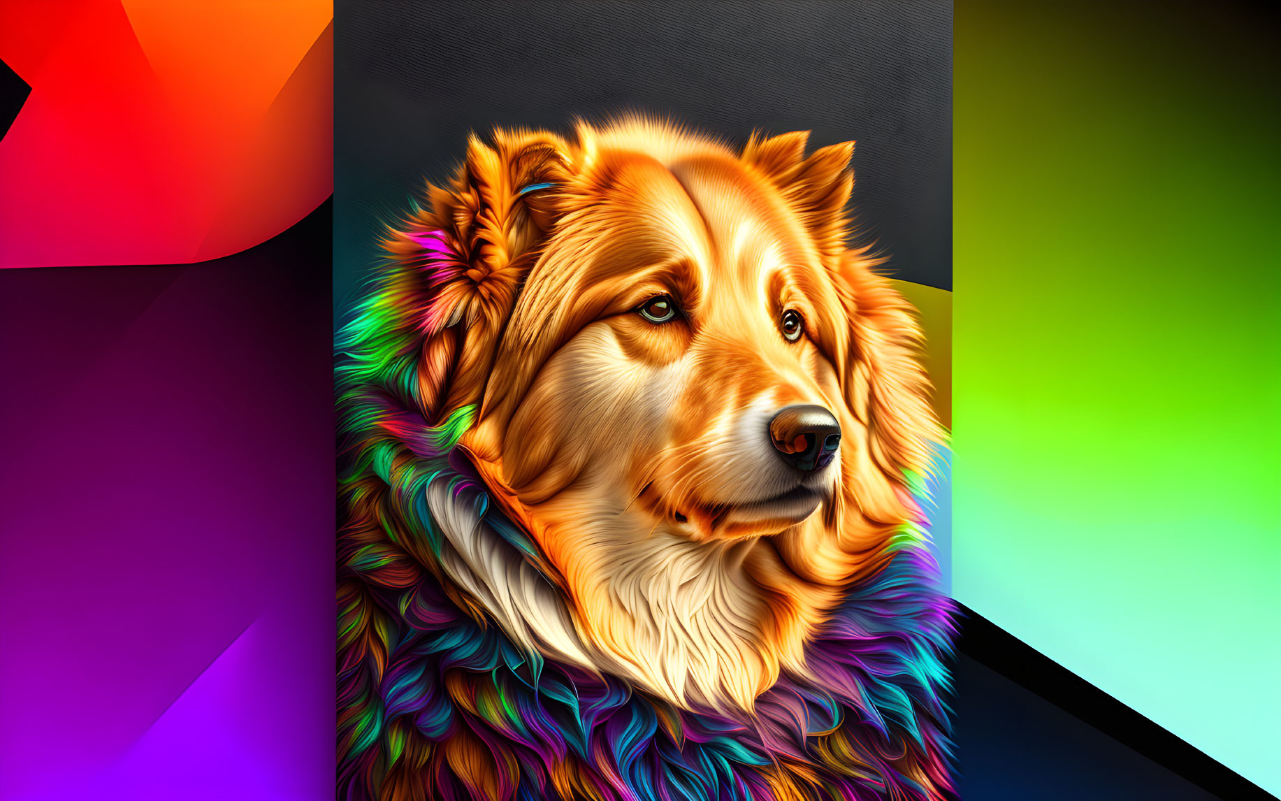 Colorful digital artwork featuring a dog with flowing mane on geometric background