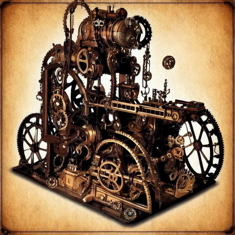 Steampunk mechanical contraption with gears and pipes in sepia tone