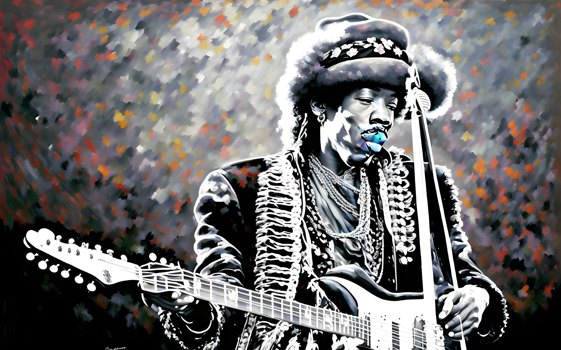 Vivid painting of iconic guitarist in performance attire