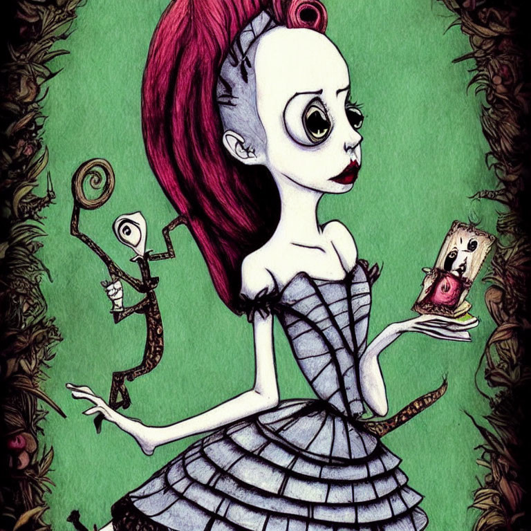 Gothic-style red-haired girl with quirky creatures and animated apple illustration