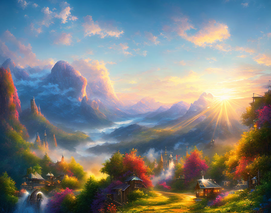 Fantasy sunrise landscape with misty valley, mountains, waterfall, and village.