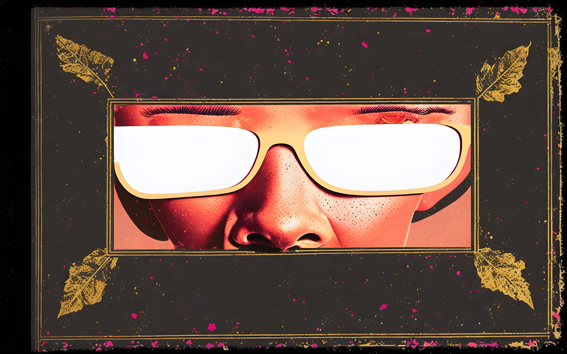 Surreal face art with white glasses, pink speckles, and gold leaf on black background