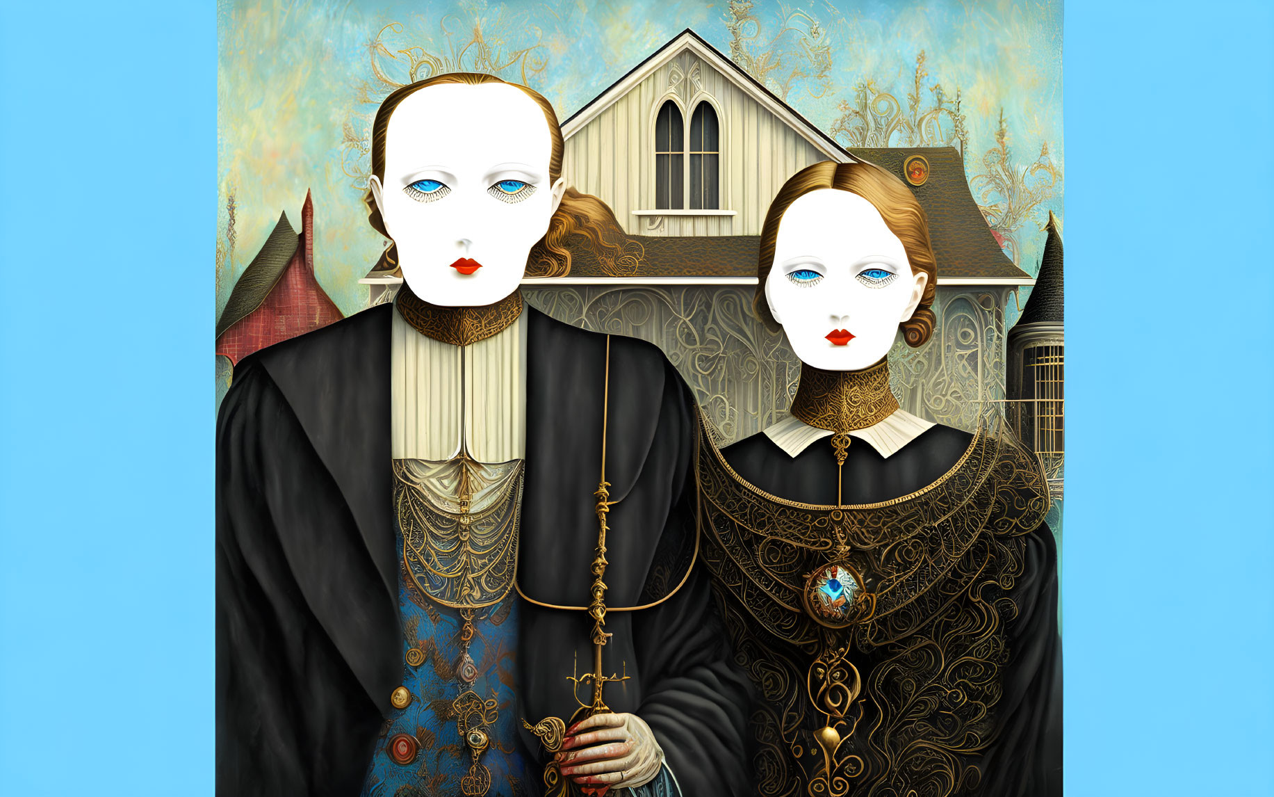 Surreal portrait of two figures in white-faced Elizabethan attire