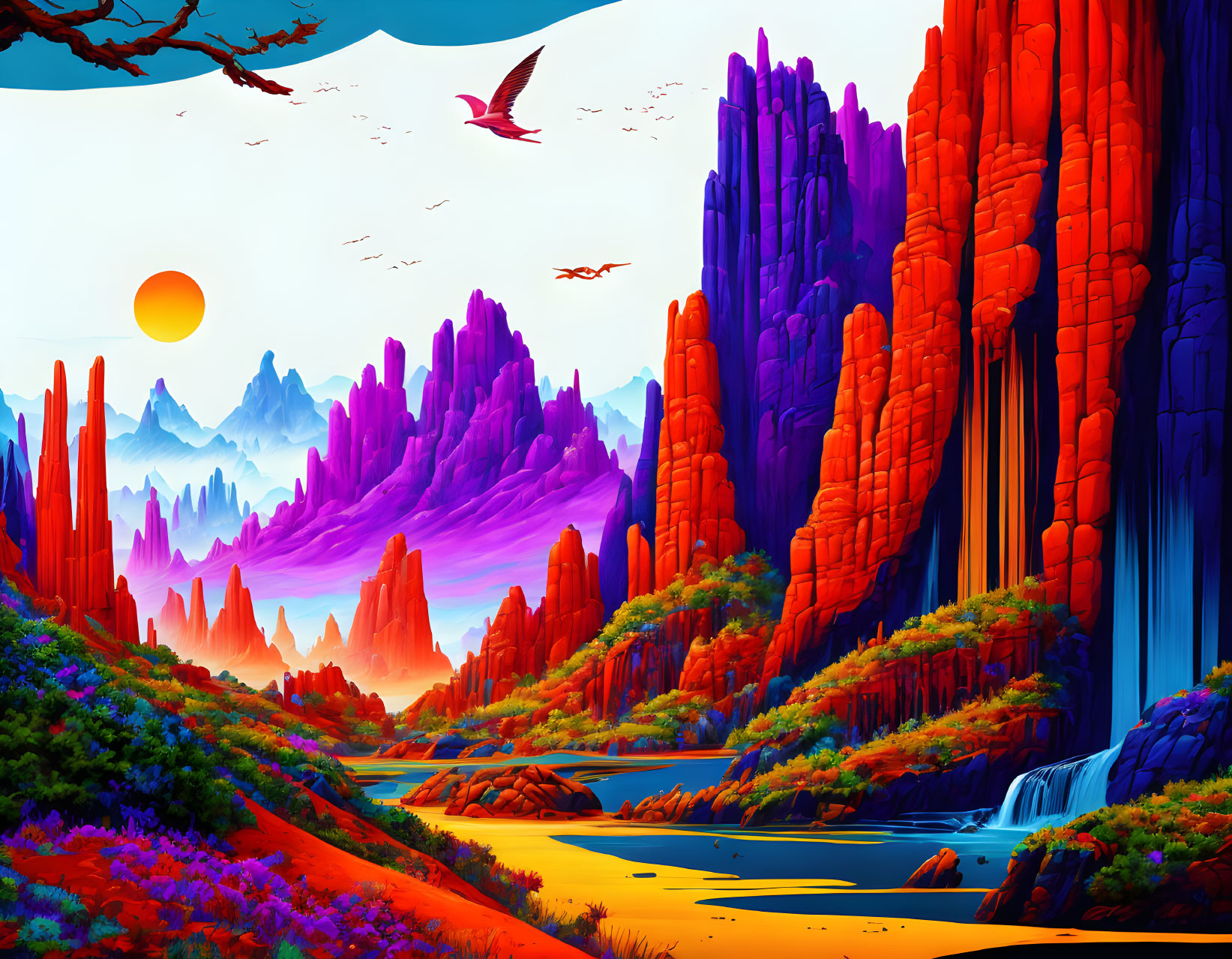 Fantasy landscape with red rock formations, waterfall, river, and birds under sunset sky.