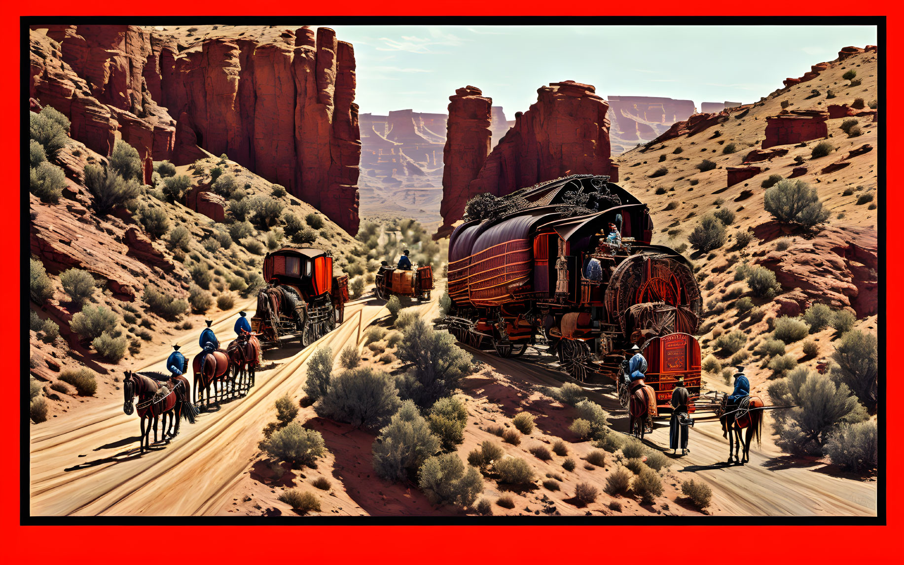 Steam locomotive and carriages with western aesthetic in desert canyon with horse riders.