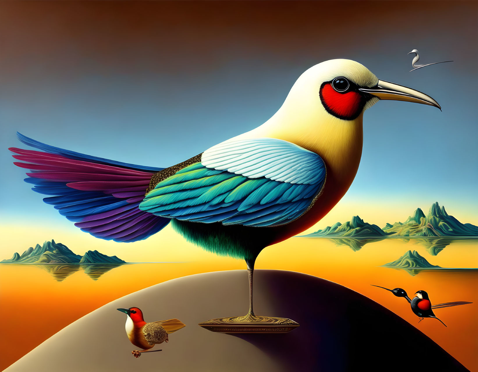 Colorful surreal illustration of large bird with smaller bird on beak on globe, with birds, mountains