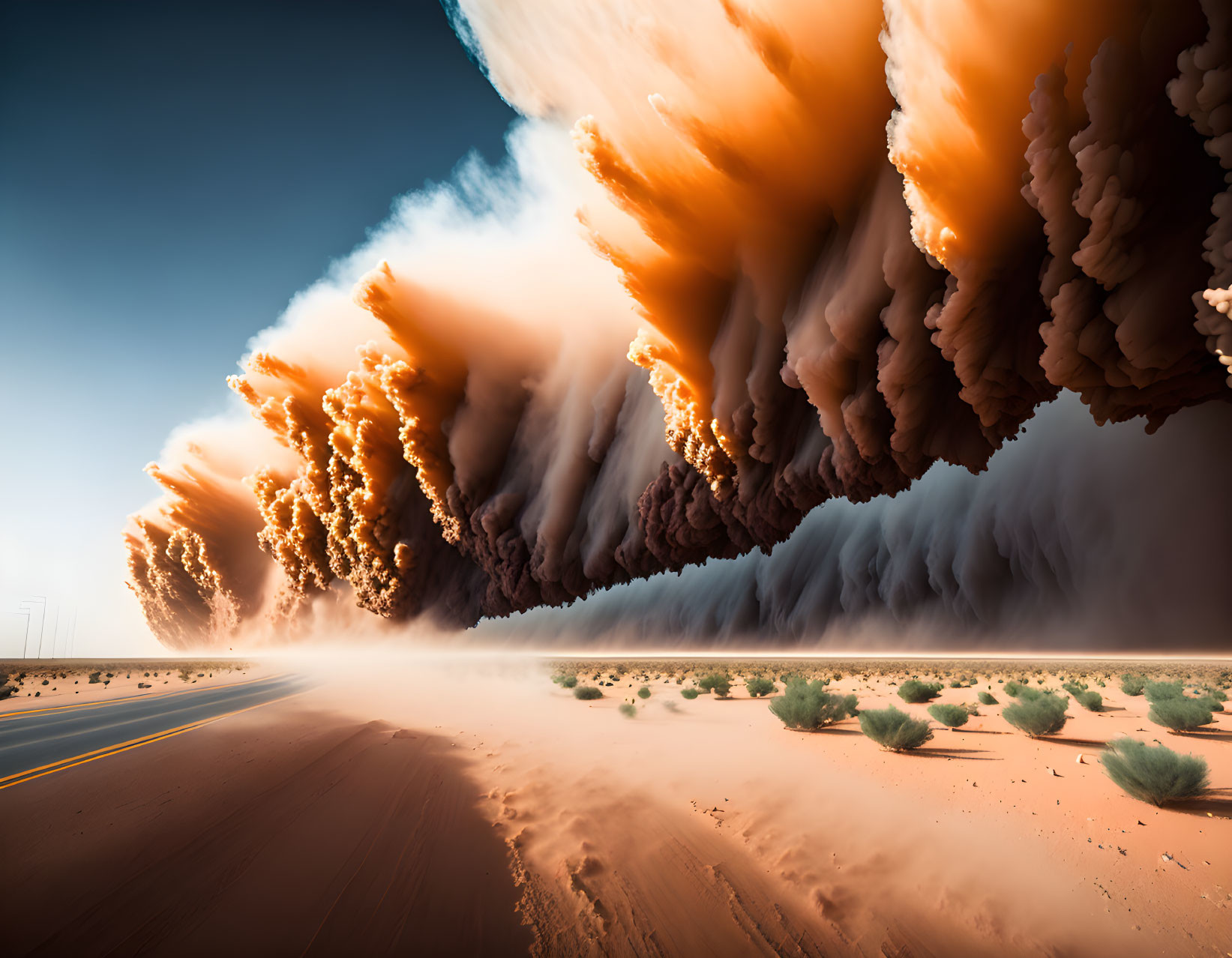 Massive dust storm with towering orange clouds in desert.