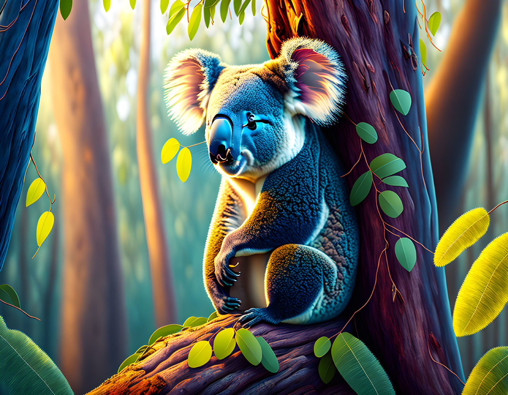 Koala in lush forest setting under warm sunlight