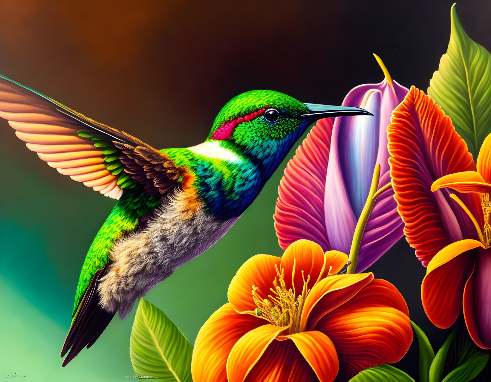 Colorful Hummingbird Painting with Spread Wings and Flowers