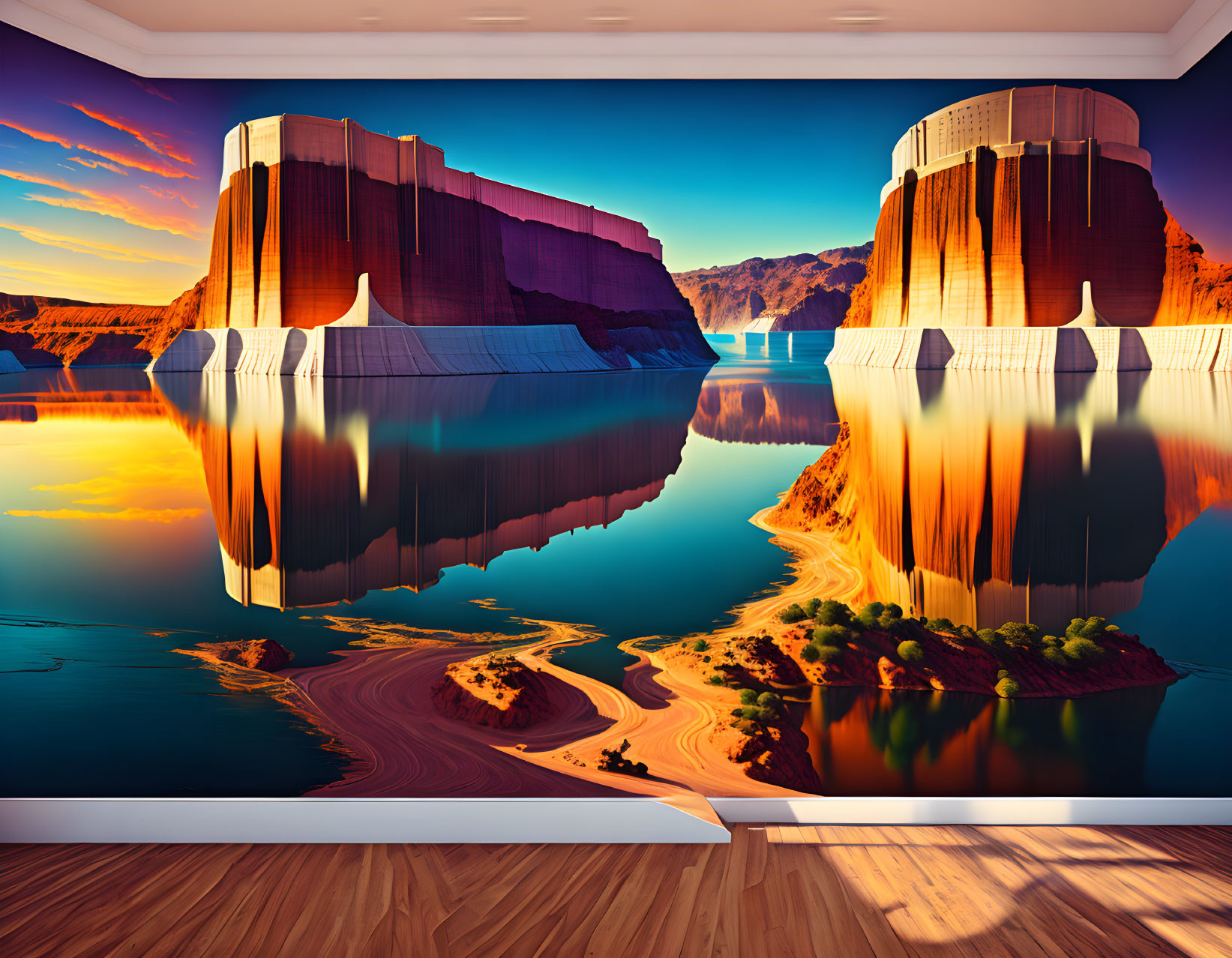 Colorful 3D wall mural: surreal landscape, cliffs, reflections in lake, wooden flooring