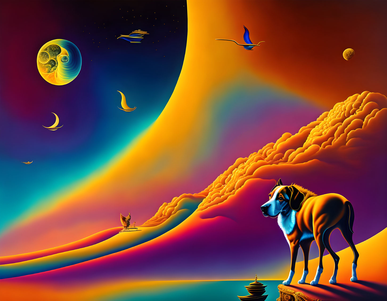 Colorful digital artwork: Dog on cliff with whimsical elements & planets in sky