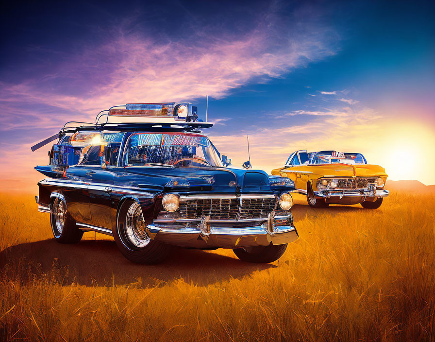 Classic Cars with Chrome Details in Sunset Field