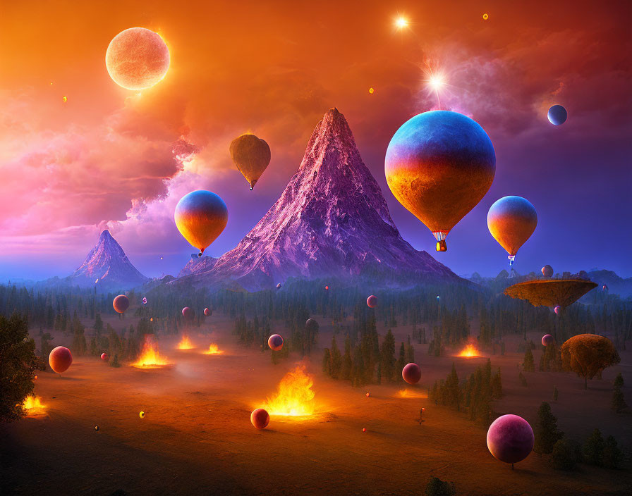 Surreal landscape with fiery hot air balloons, floating orbs, mountains, and twilight sky