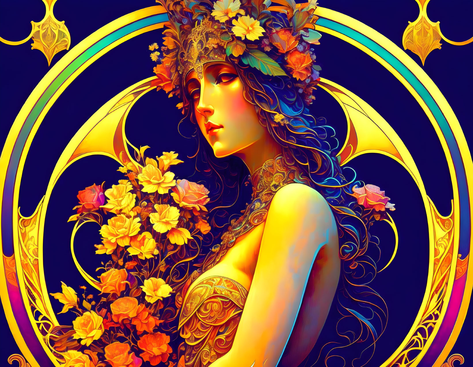 Colorful digital art: Woman with floral crown, detailed body, on golden crescent moon backdrop.