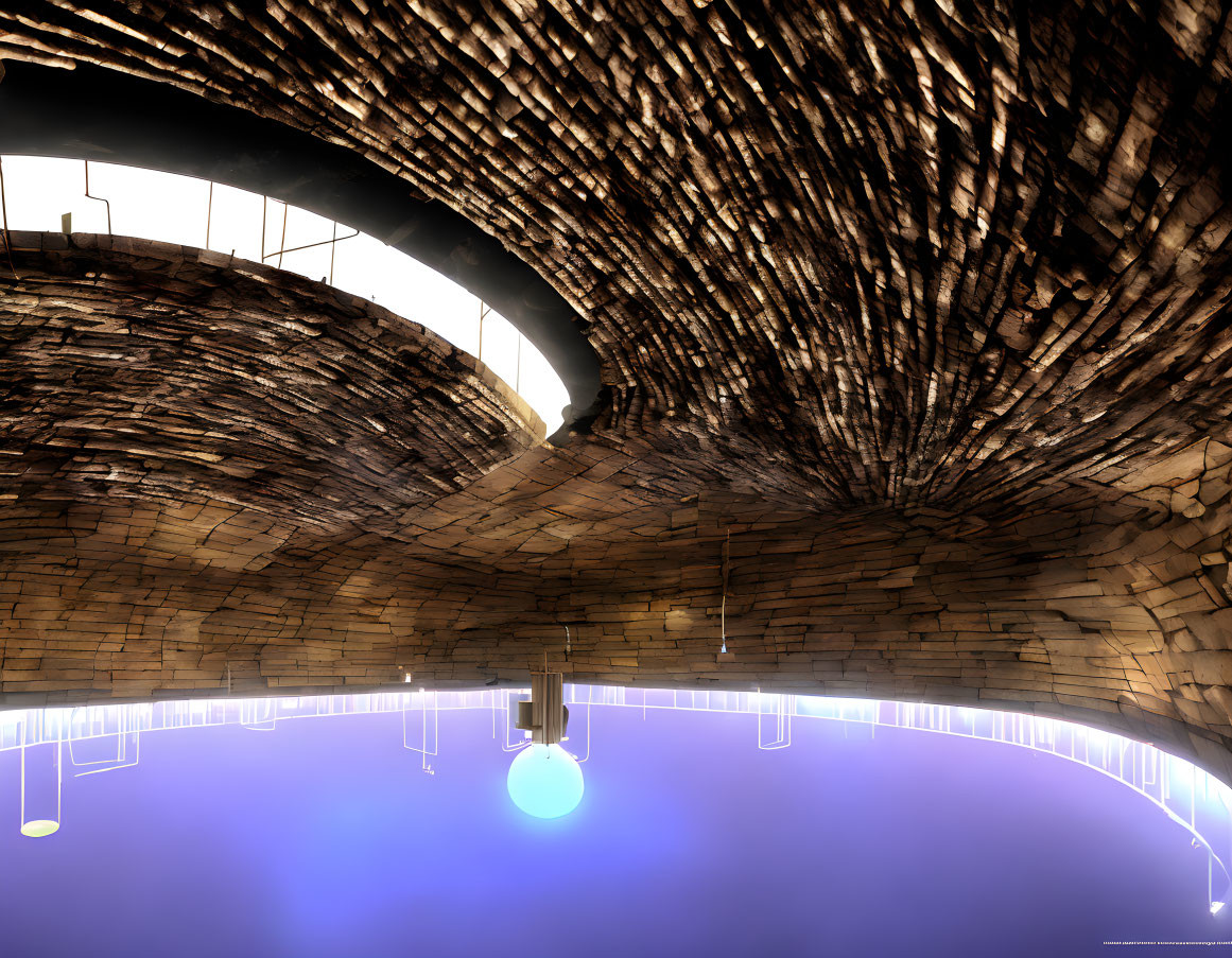 Intricate Wooden Dome Ceiling with Pendant Lights and Blue Floor Lighting