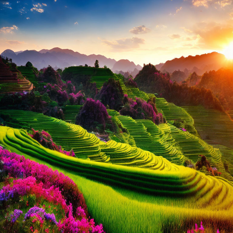 Scenic sunset over vibrant terraced fields and blooming flowers.