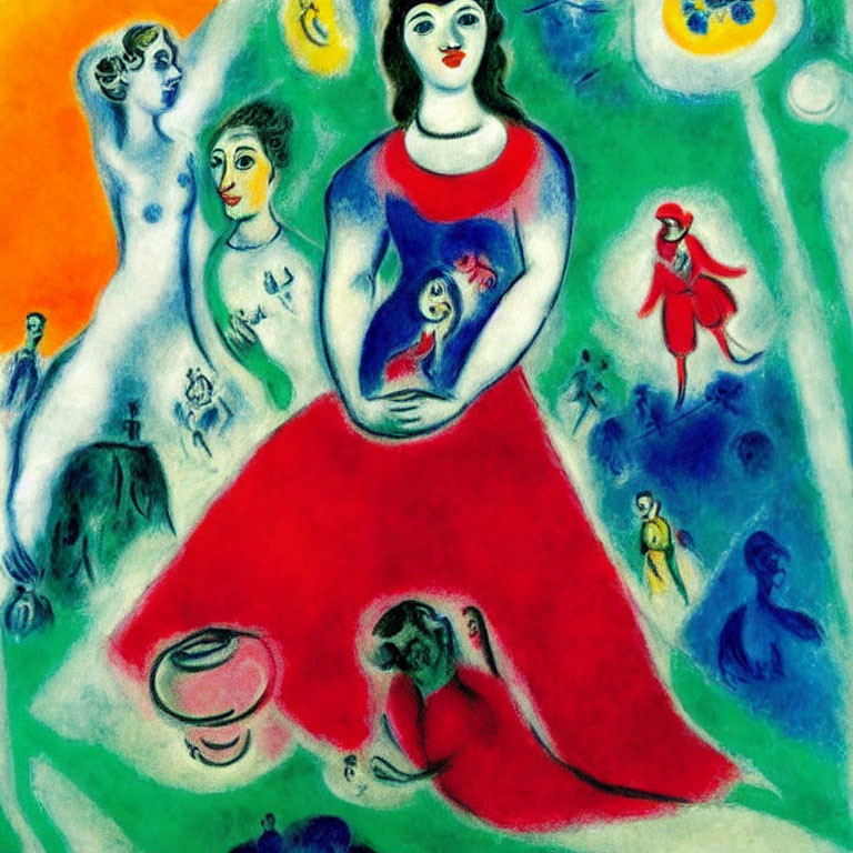 Colorful painting of central figure in red dress with child, surrounded by abstract figures in dream-like landscape