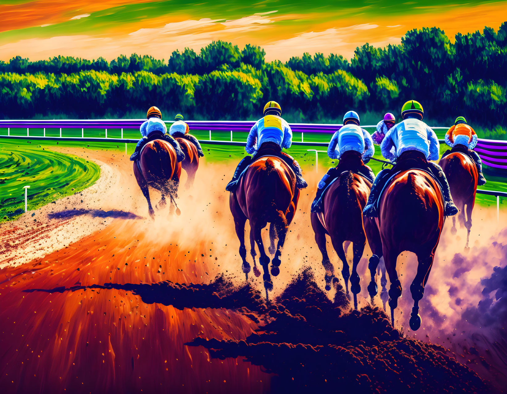 Jockeys riding horses on racetrack with vibrant colors and lush backdrop