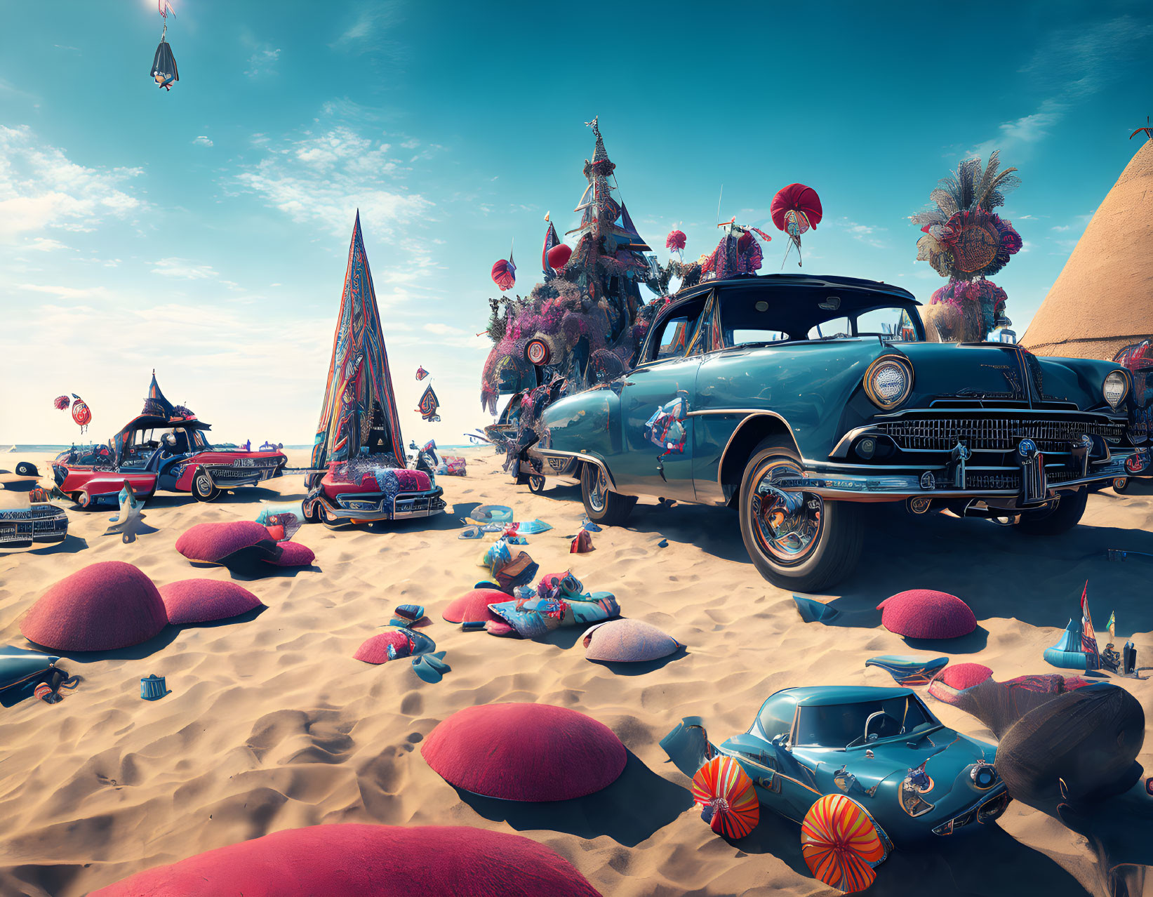 Surreal beach scene: vintage cars, decorated tree, oversized shells, flying boats, blue sky