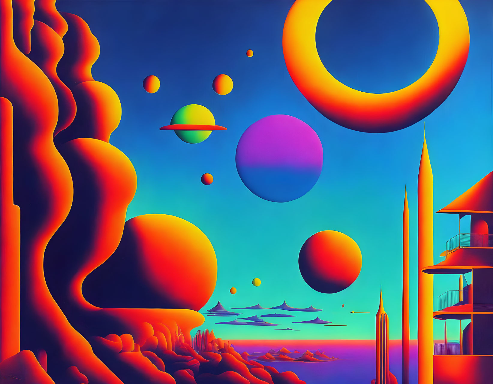 Colorful surreal landscape with stylized planets, glowing ring, futuristic structures, and mountainous terrain under