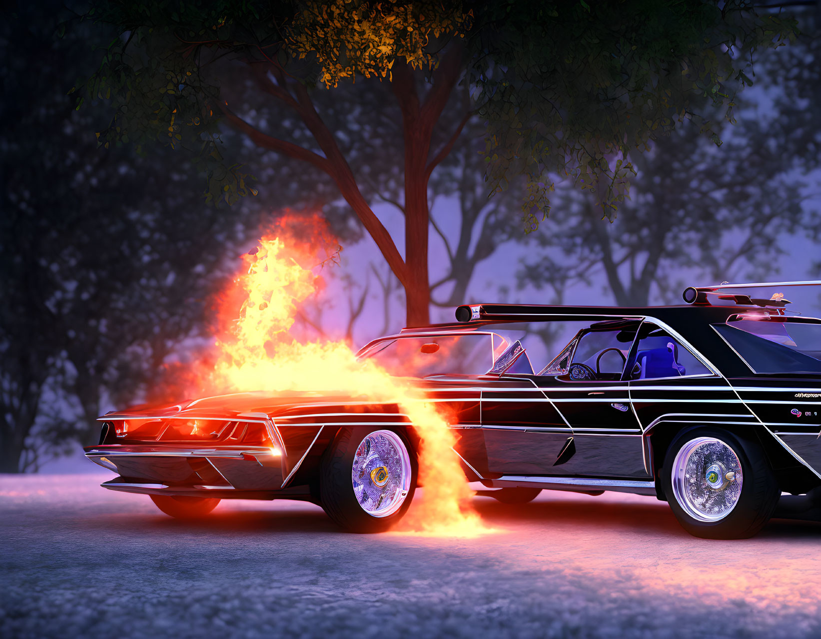 Classic Black Car with Flames in Twilight Setting