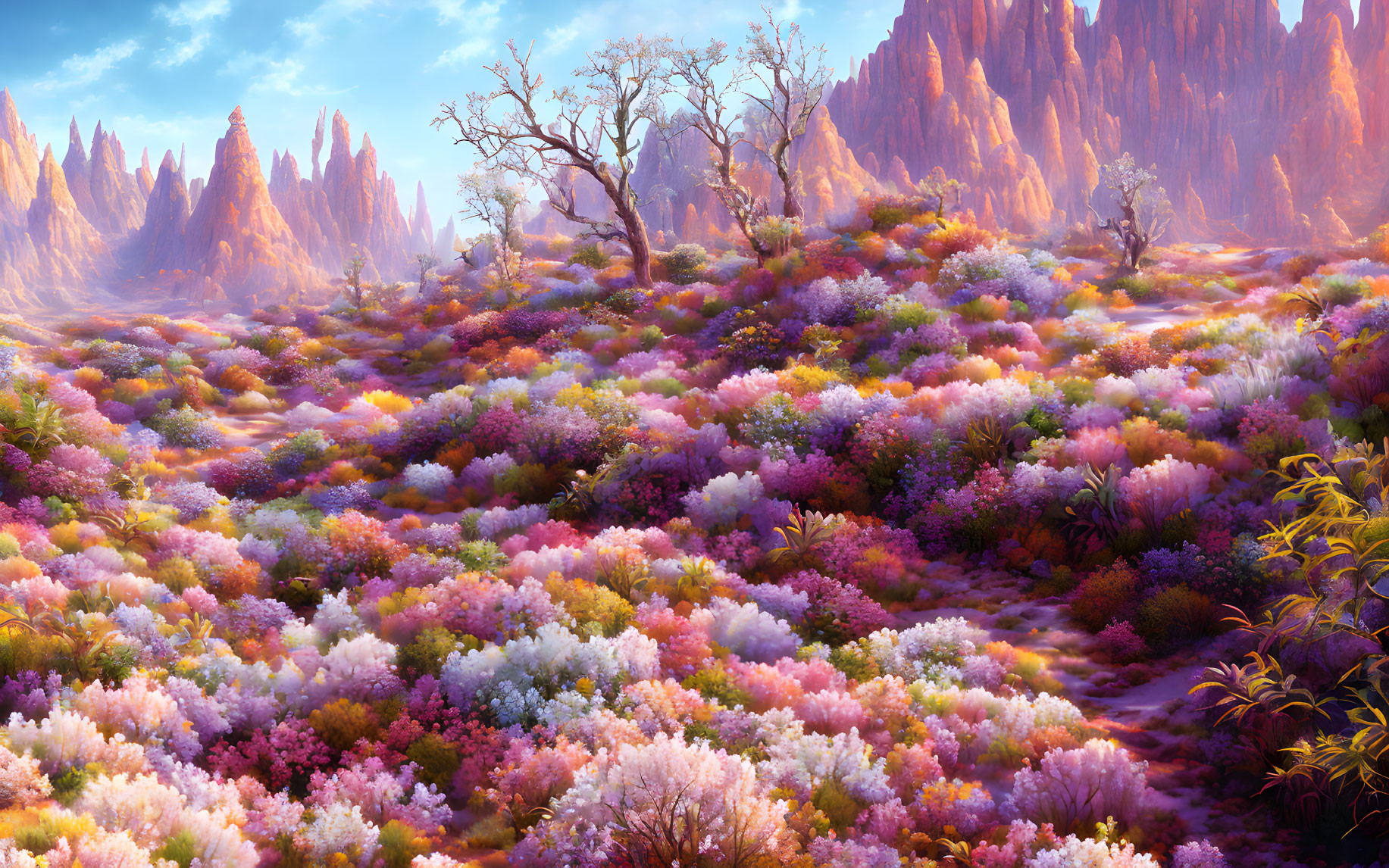 Colorful fantasy landscape with vibrant flora and rocky formations