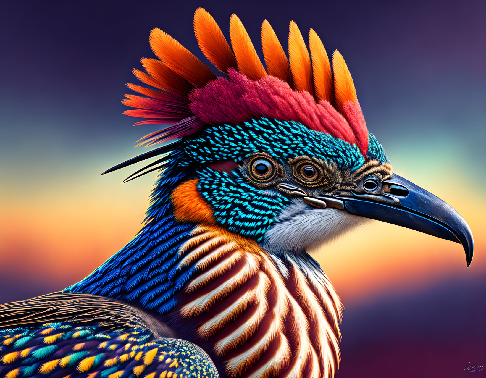 Colorful Bird with Orange Crest and Sunset Background