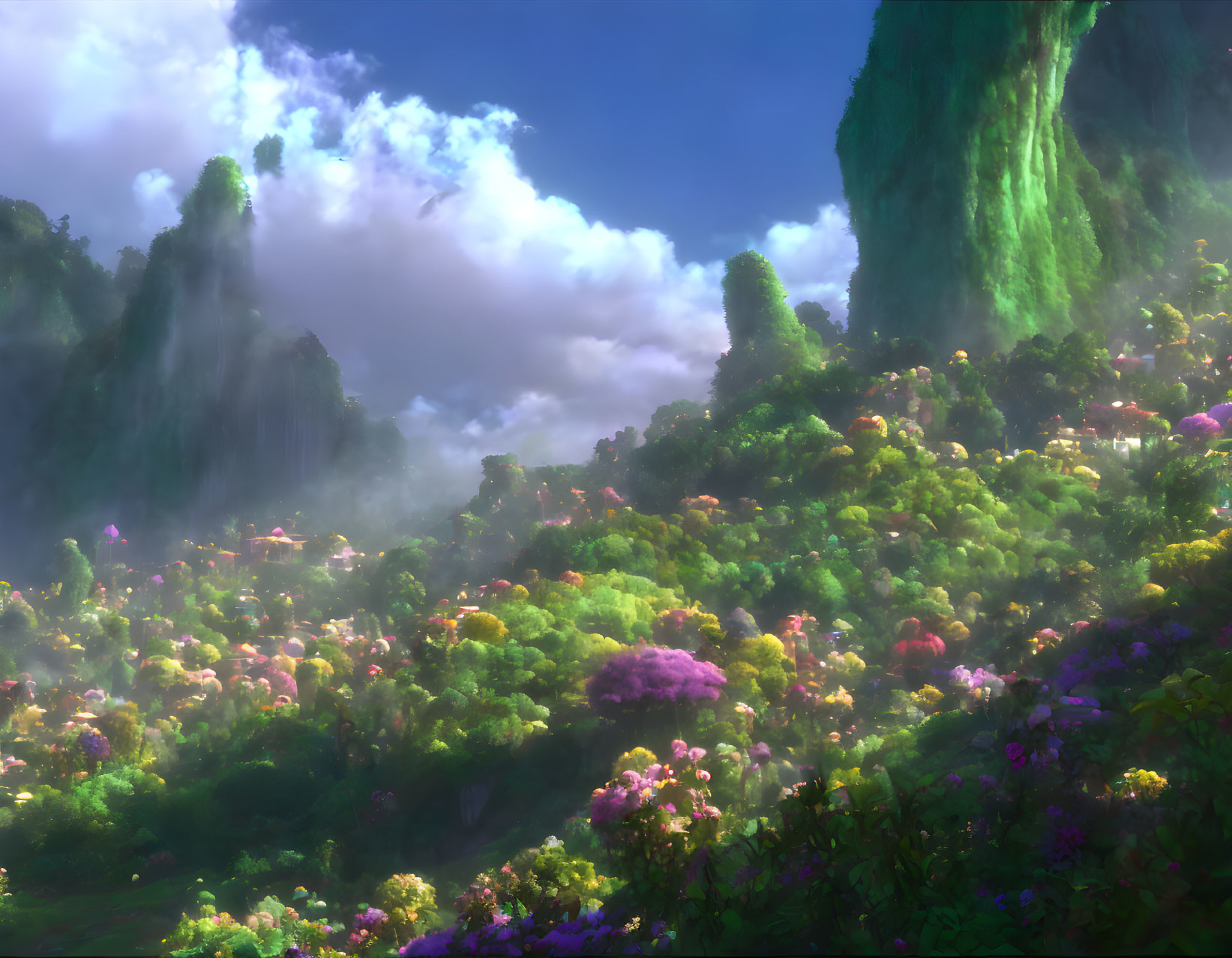 Vibrant fantasy landscape with colorful flora, misty sky, green cliffs.