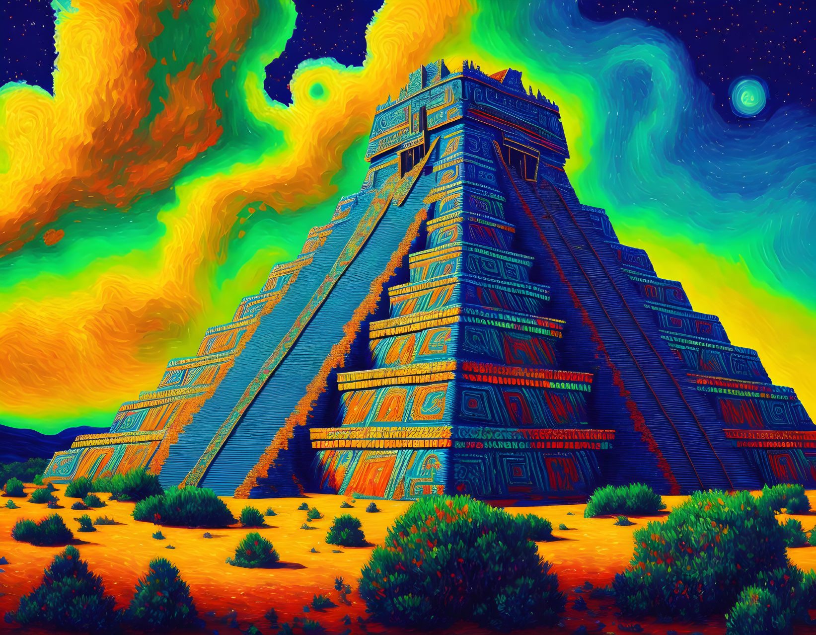 Colorful Mesoamerican pyramid under swirling sky: A surreal, dreamlike scene