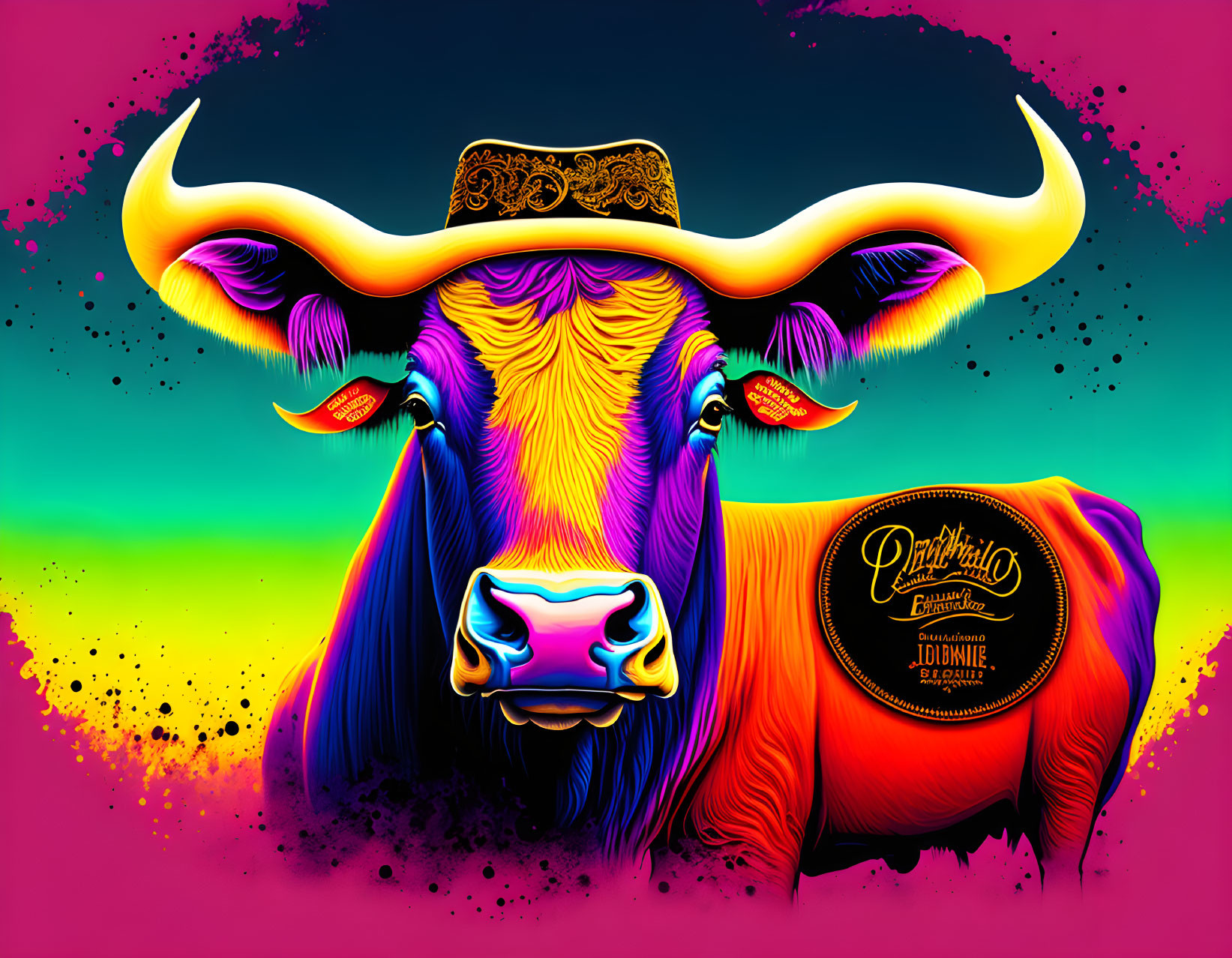 Colorful Bull Illustration with Cowboy Hat on Psychedelic Background