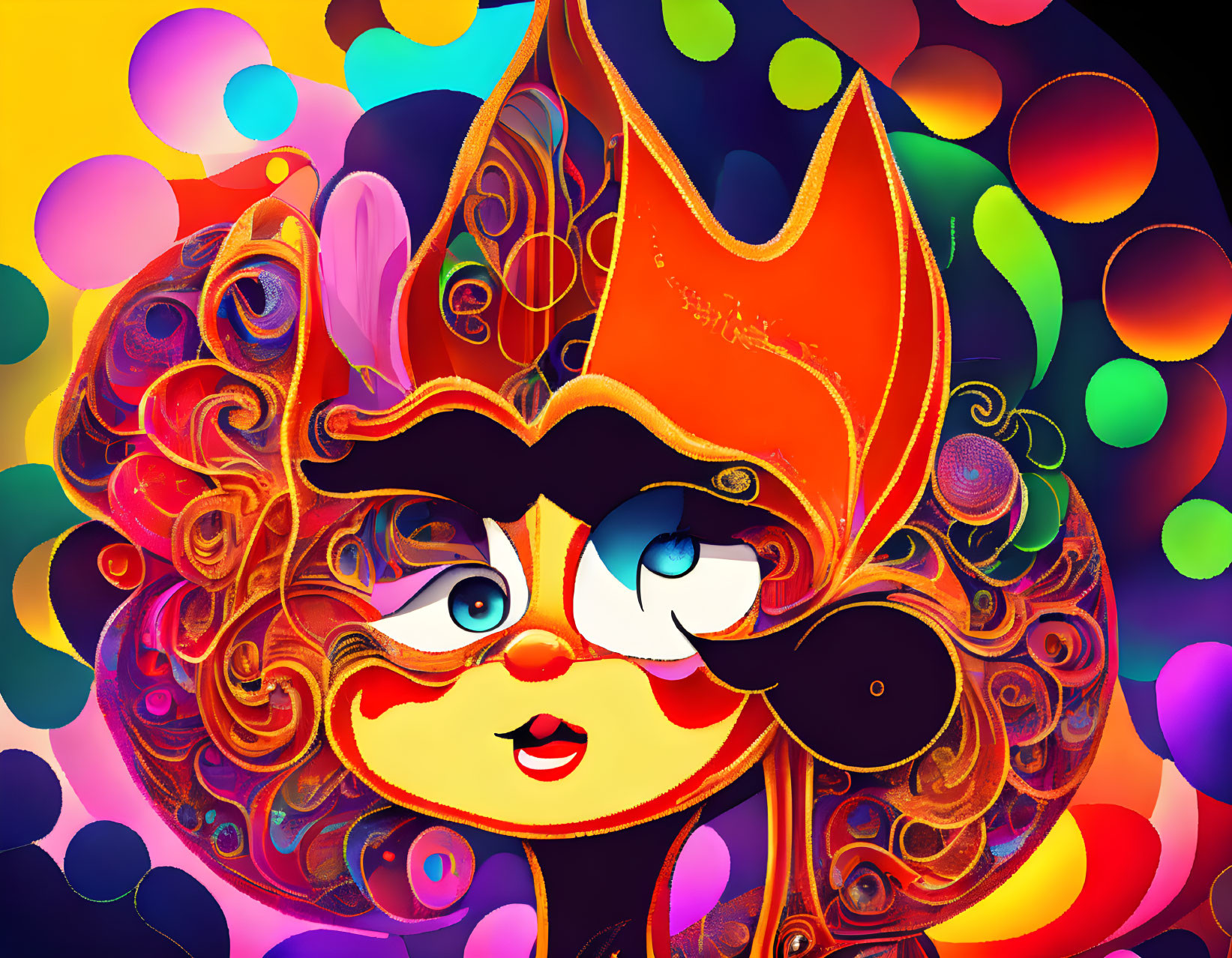 Colorful digital artwork featuring cartoonish character with curly hair and quirky crown.