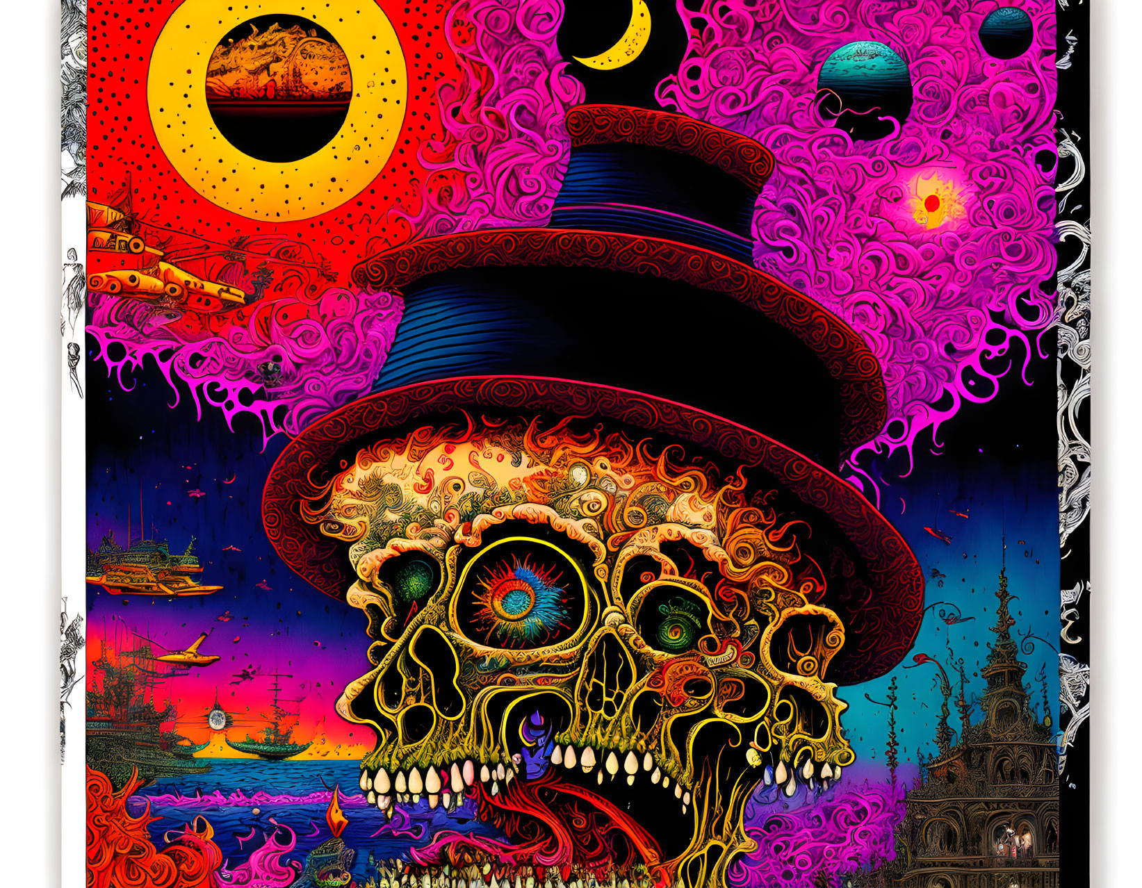 Colorful Psychedelic Skull Art with Top Hat & Cosmic Elements