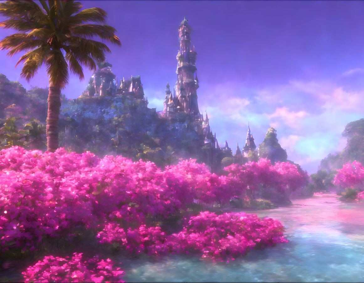 Fantasy landscape with pink blossoming trees, serene river, majestic castle.