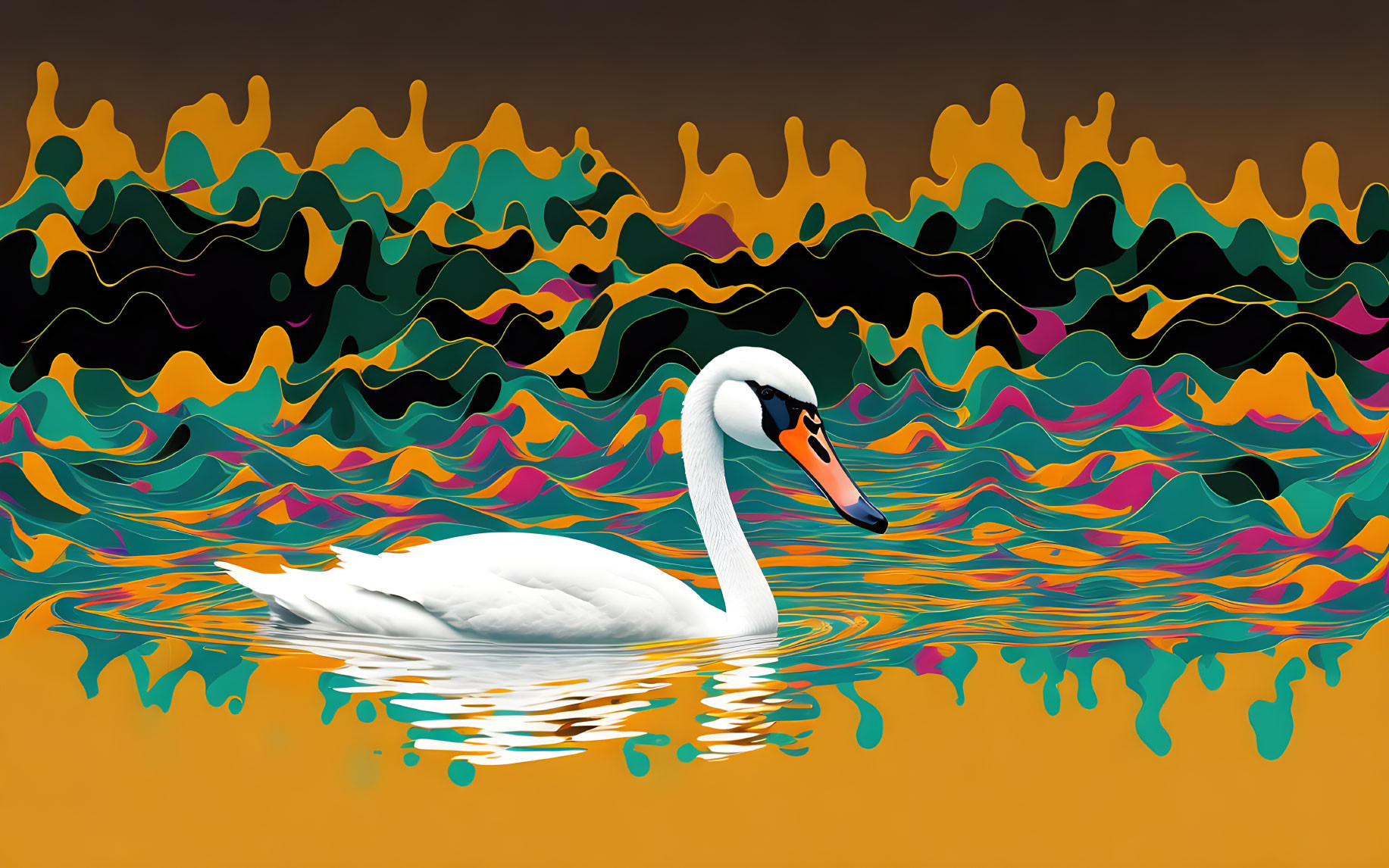 Swan gliding on multicolored waves in vibrant background