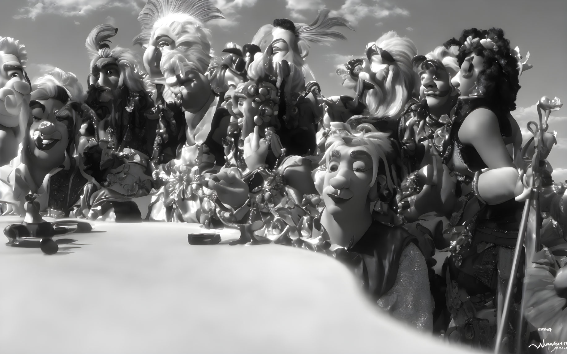 Animated grayscale characters with exaggerated expressions in group pose.