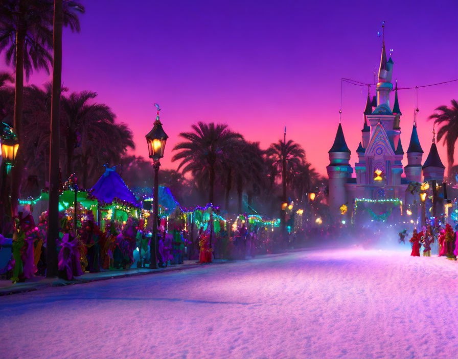 Colorful evening parade with costumes, floats, purple sky, palm trees, and castle.