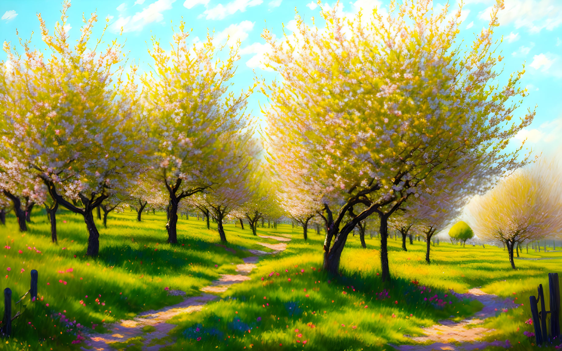 Blooming cherry trees in a sunlit spring meadow under a clear sky