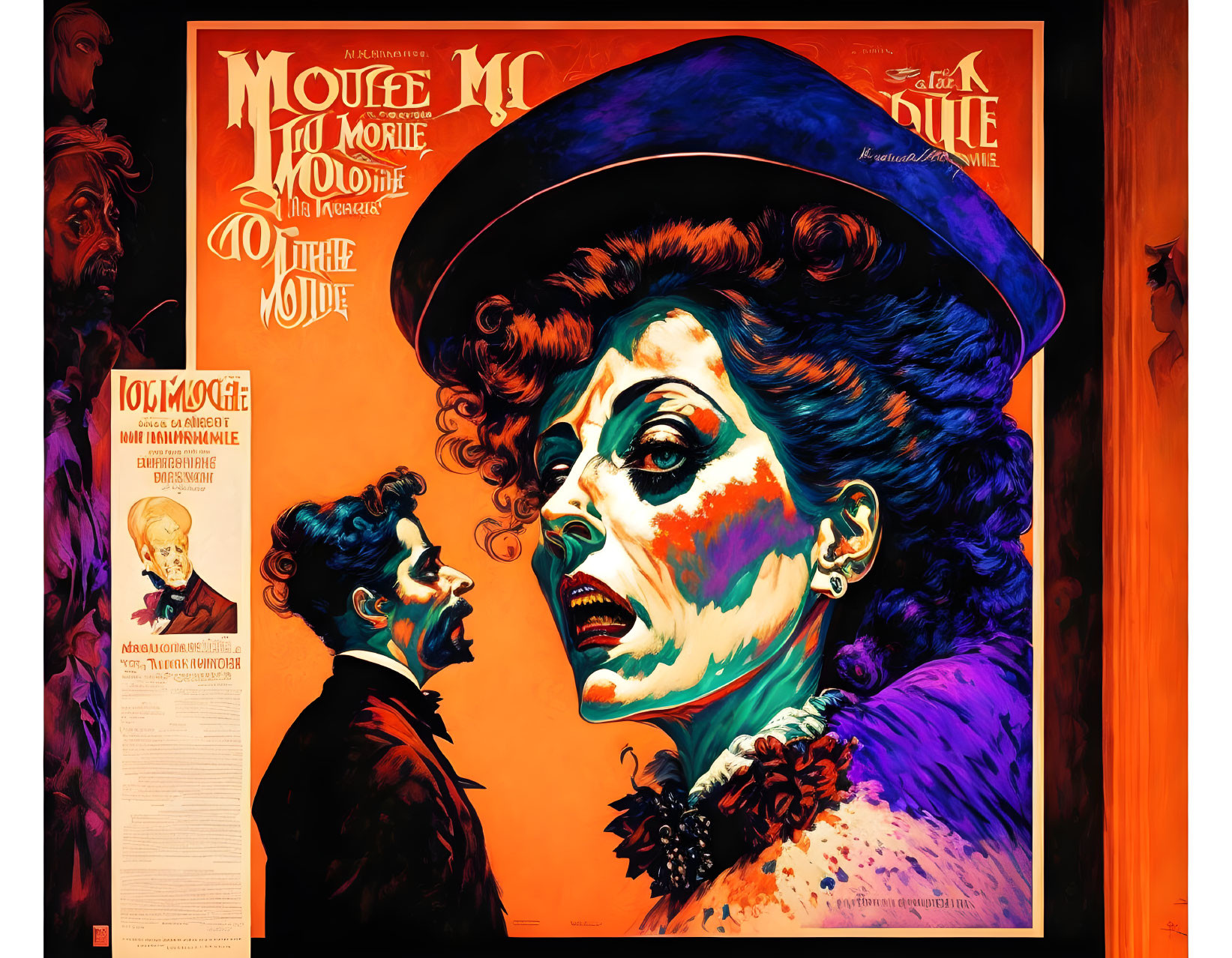 Colorful movie poster with dramatic makeup woman and man in profile, bold oranges and blues, retro typography