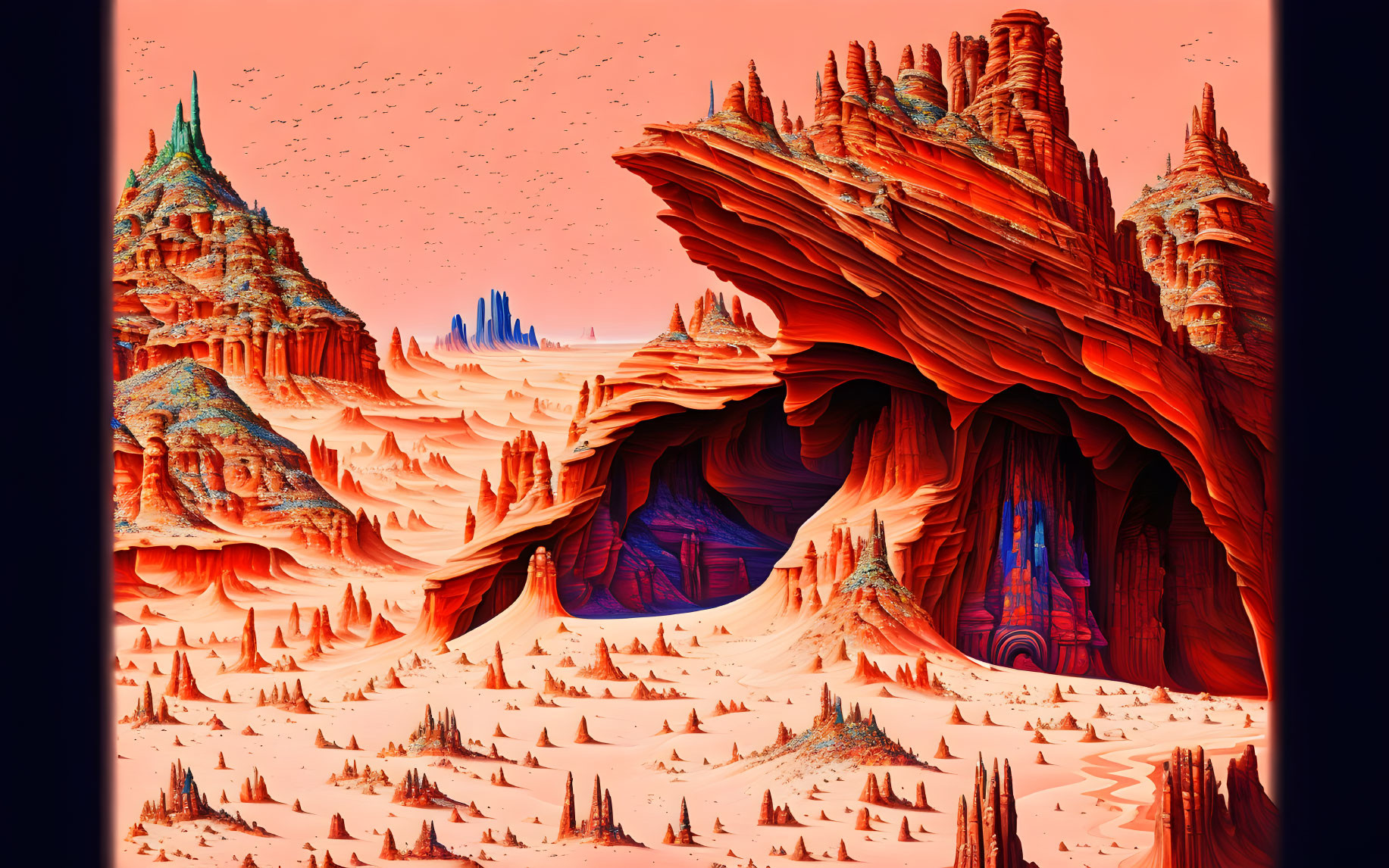 Vibrant red and orange desert landscape with surreal rock formations and floating specks