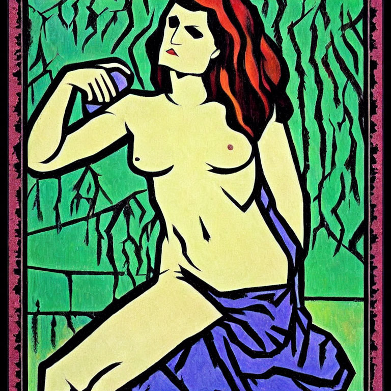 Stylized painting of red-haired nude female figure with blue drape on green background