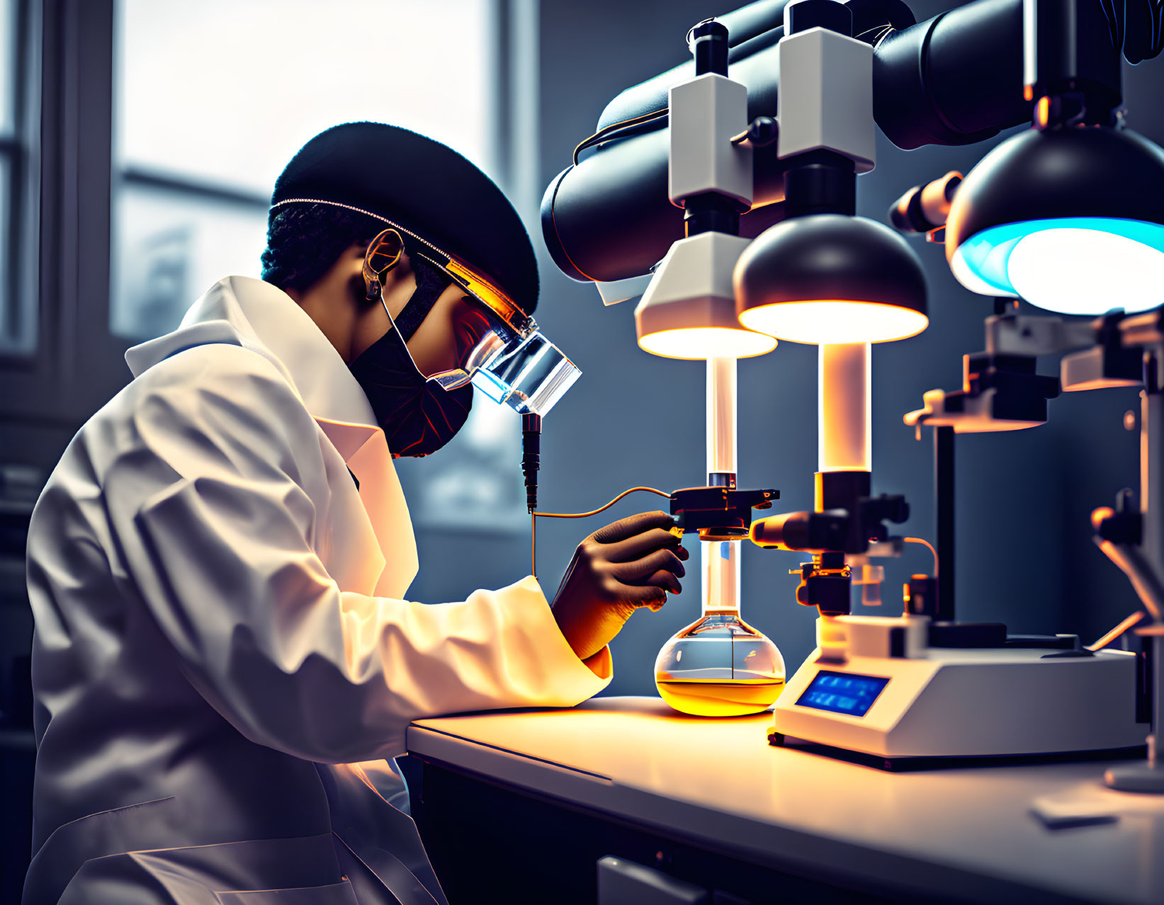 Scientist in lab coat and goggles conducting experiment with microscope.