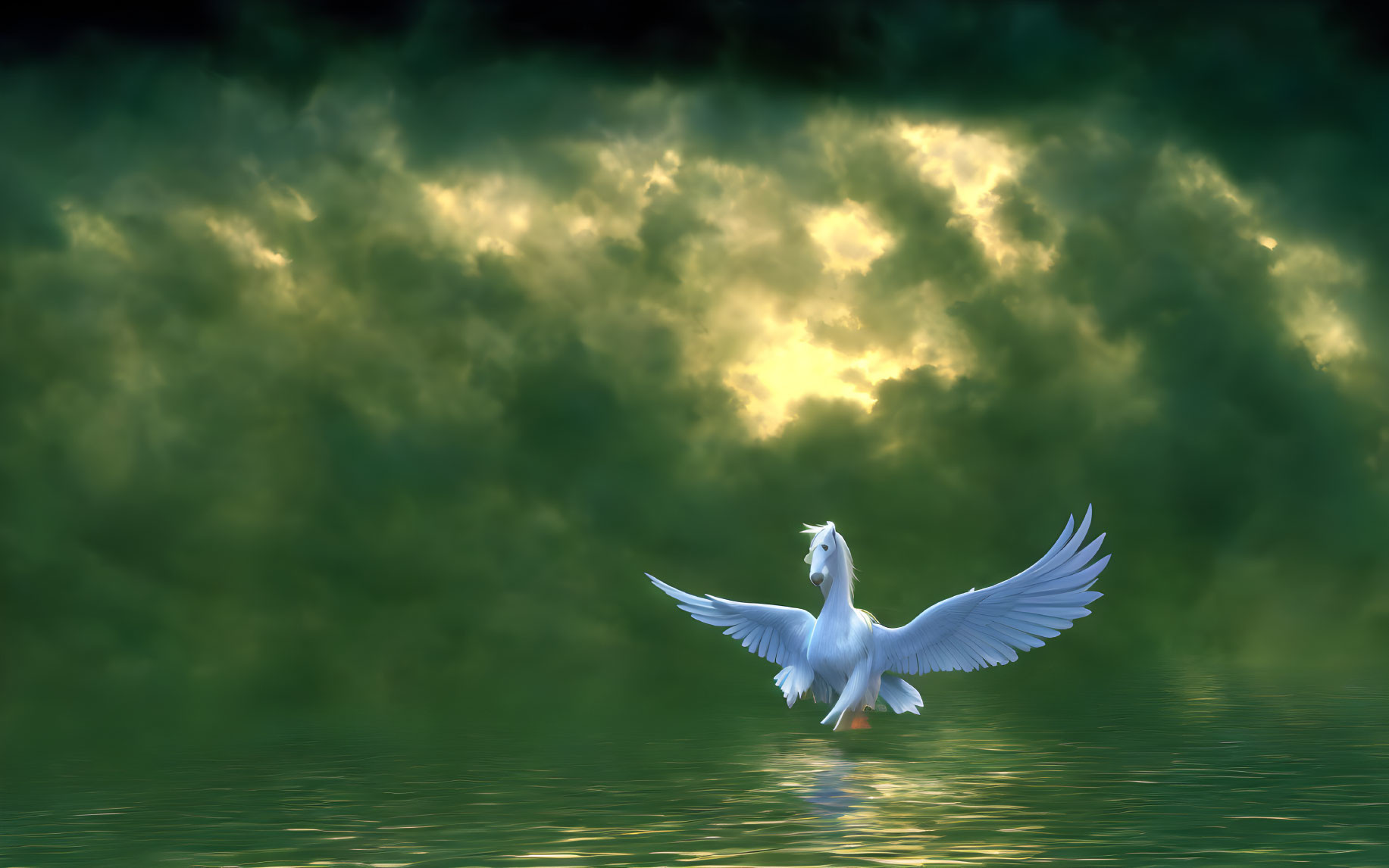 Swan landing on tranquil water with spread wings in misty forest